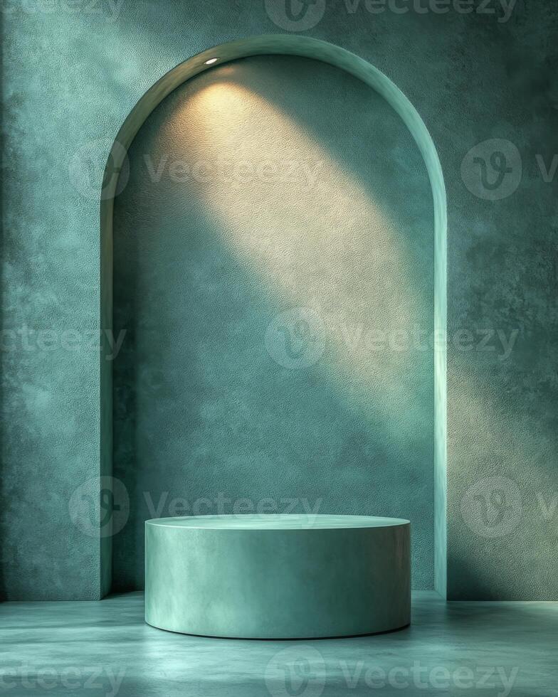 Turquoise green podium with subtle lighting in an elegantly designed space, showcasing a modern aesthetic perfect for display and presentation purposes in various settings photo