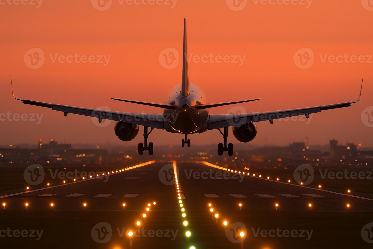 Airplane Landing on Runway at Dusk with Orange Sky and City Lights photo