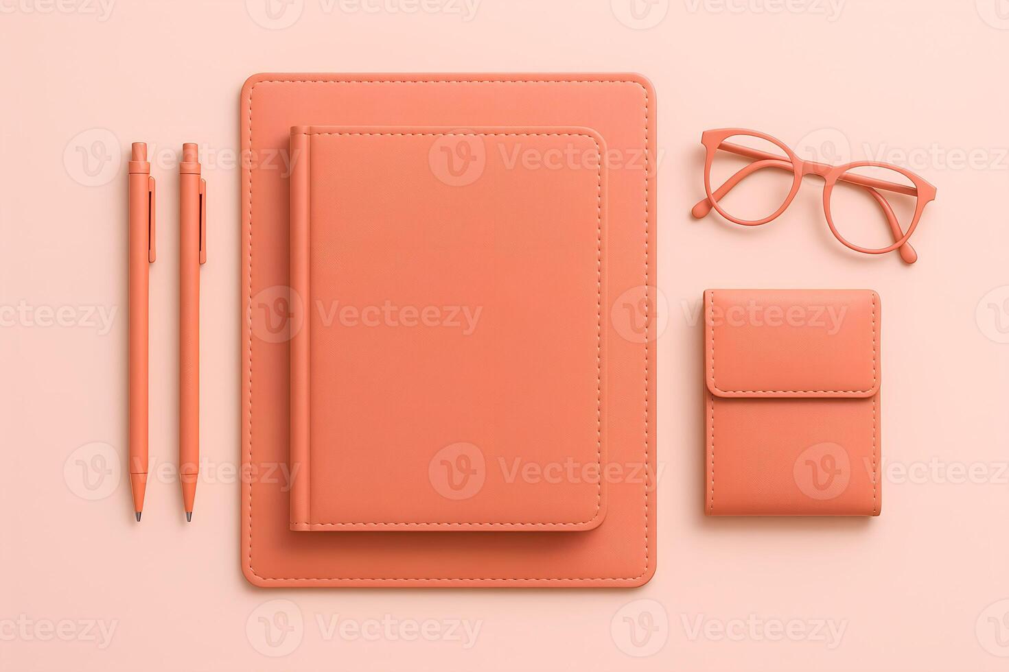 Monochromatic Peach Workspace Notebook Tablet Pen Glasses and Wallet on Peach Background photo