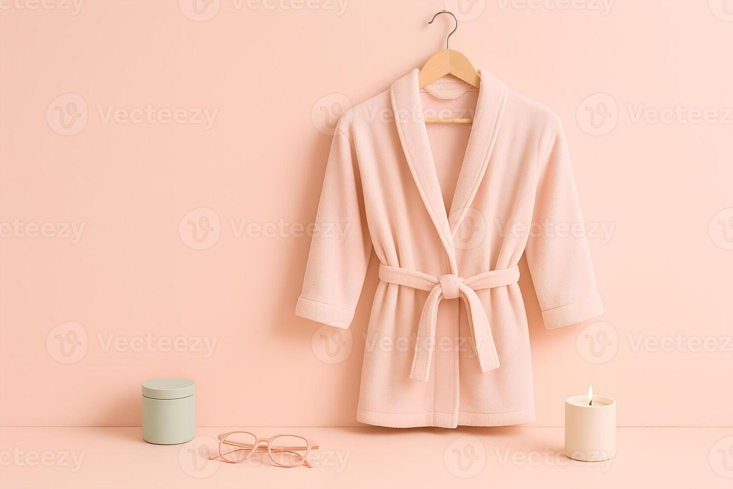 Soft Pink Robe on Hanger with Glasses and Candles on Peach Background photo