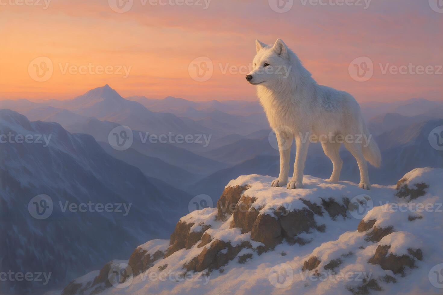 White Wolf Standing on Snowy Peak Overlooking Mountain Range at Sunset photo