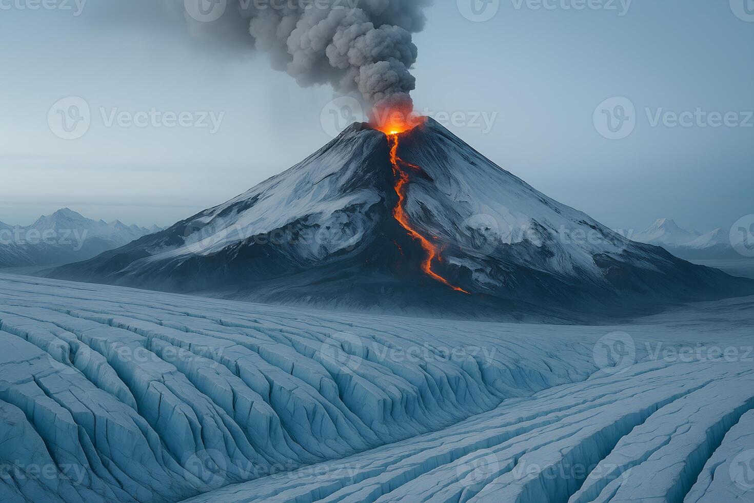 Volcanic Eruption Spewing Lava on Snowy Mountain with Glacier in Foreground photo