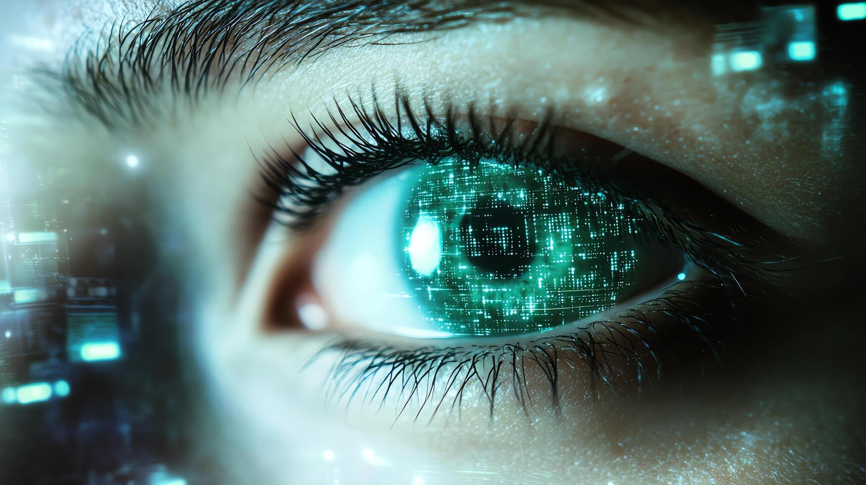 Close-up of a digital eye with data visualization. photo