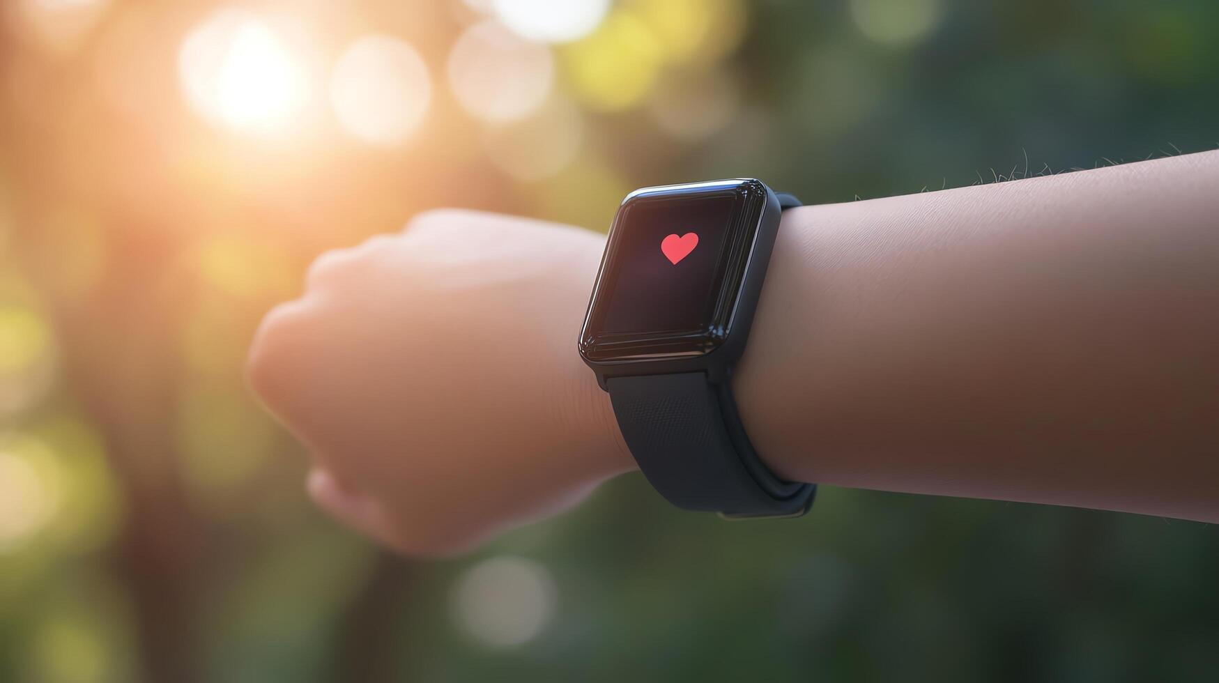 Fitness tracker displaying heart rate outdoors. photo