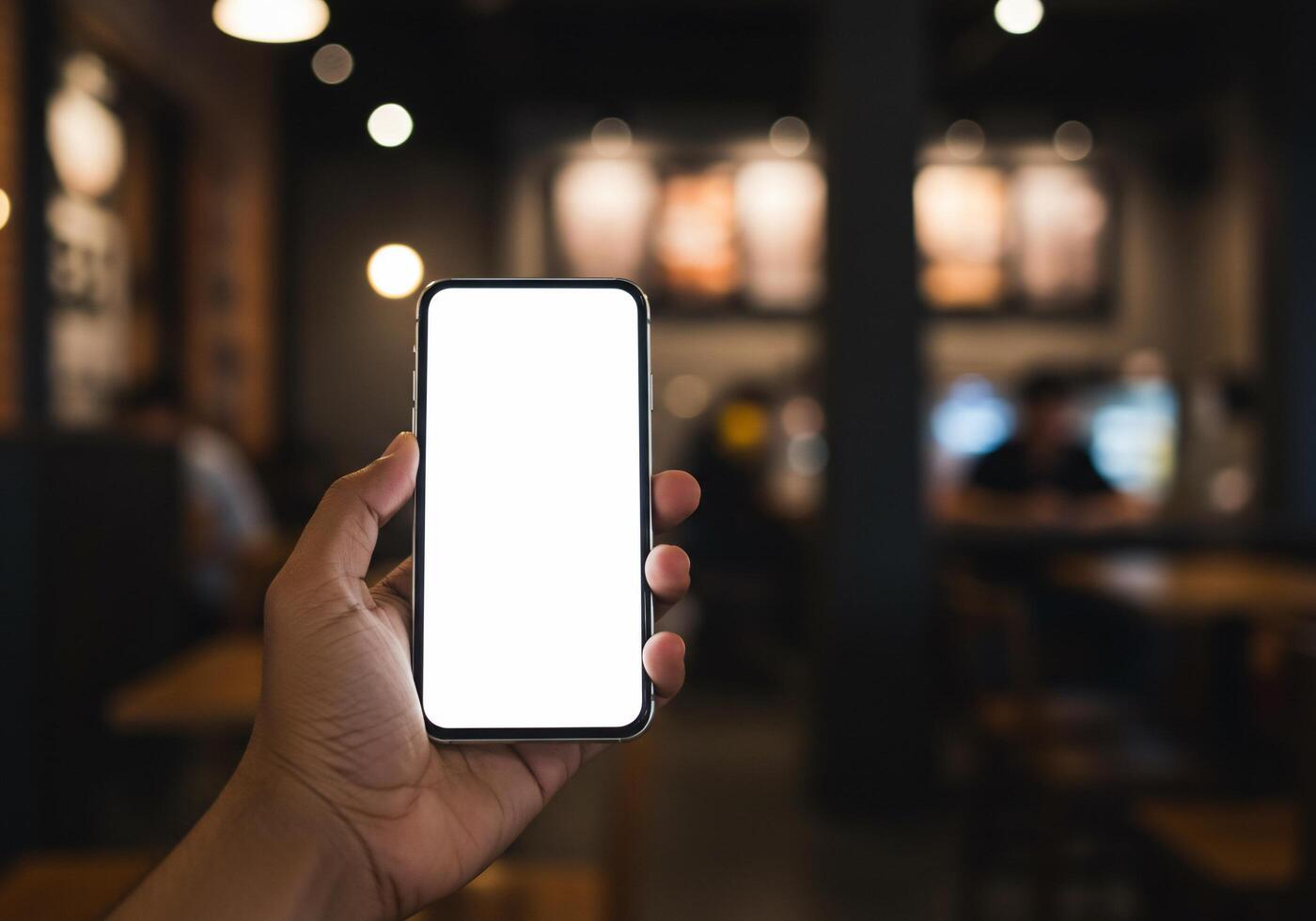 A hand holding a smartphone with a blank screen in a cafe photo