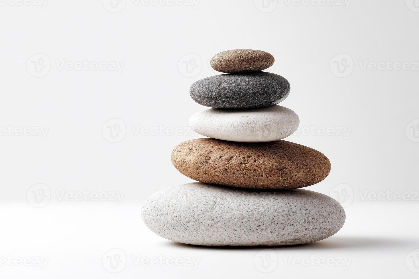Balanced stack of smooth natural stones in earthy tones arranged against a clean white background with area for text or design photo