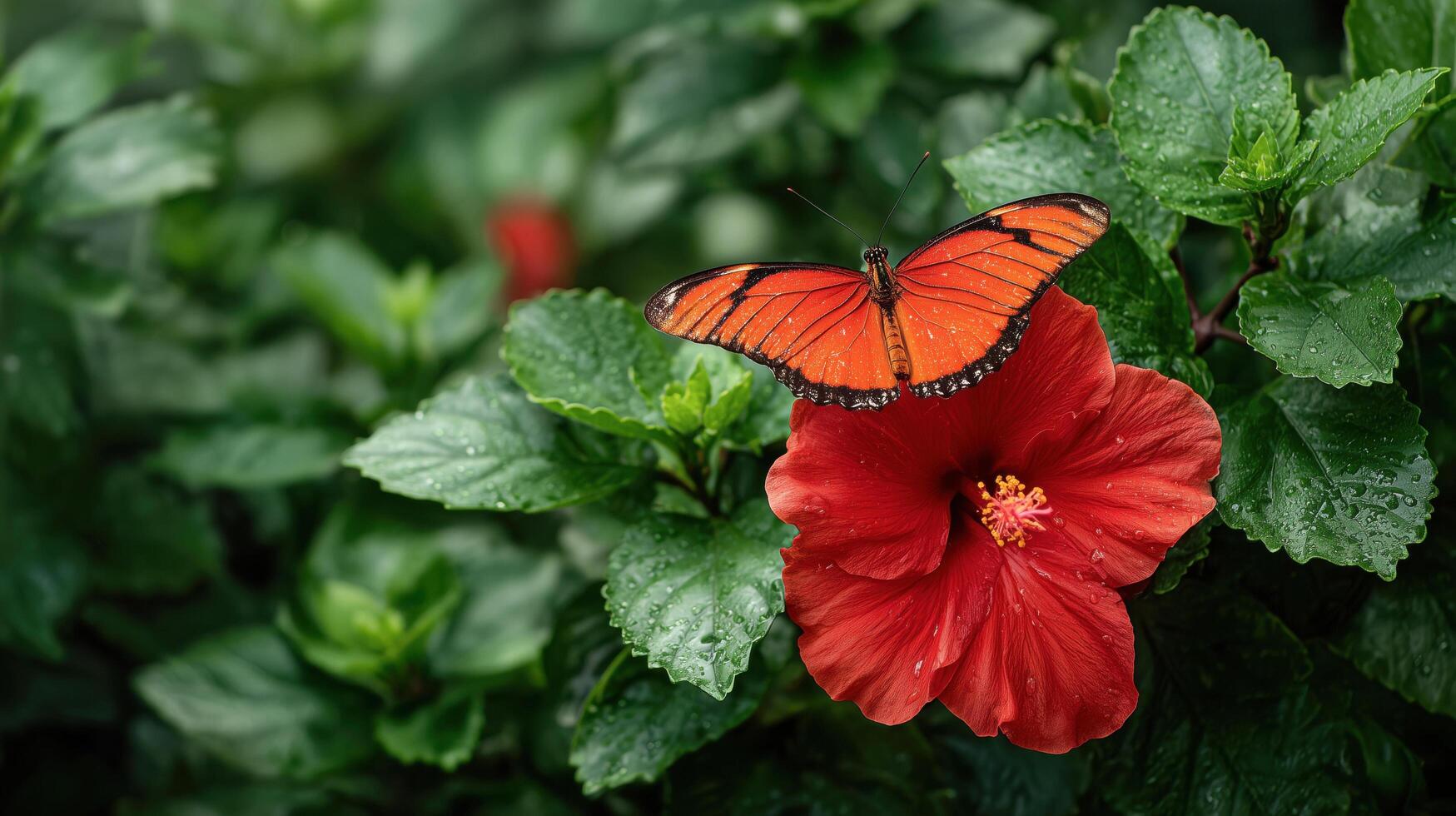 Vibrant red butterfly resting on a blooming red hibiscus flower with lush green foliage in the background photo