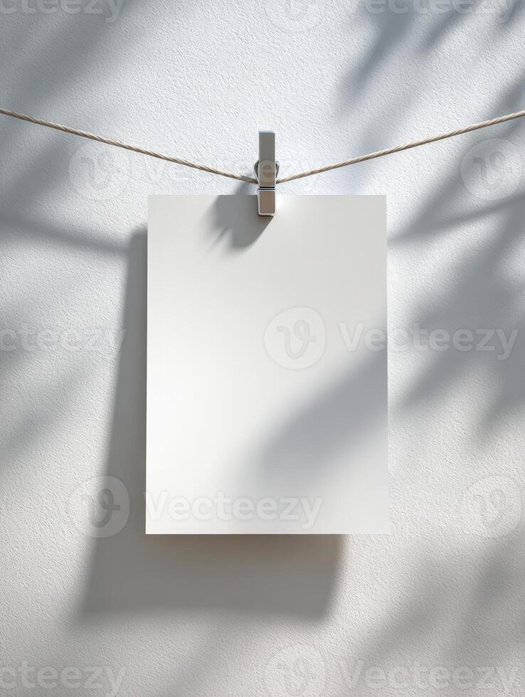 Blank paper hanging on clothesline with wooden clip in soft sunlight photo