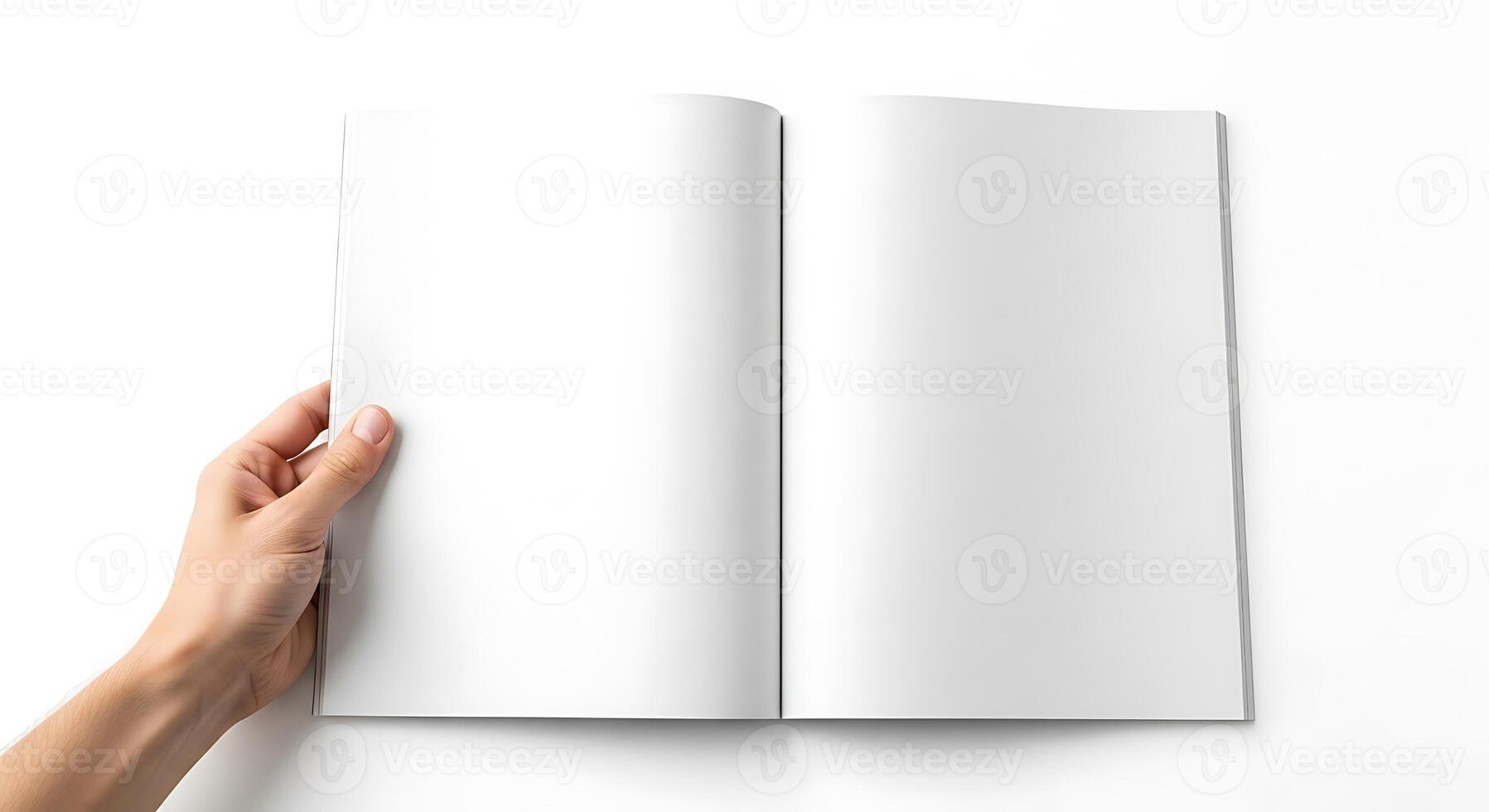 Open Blank Magazine Held by Hand on White Background photo