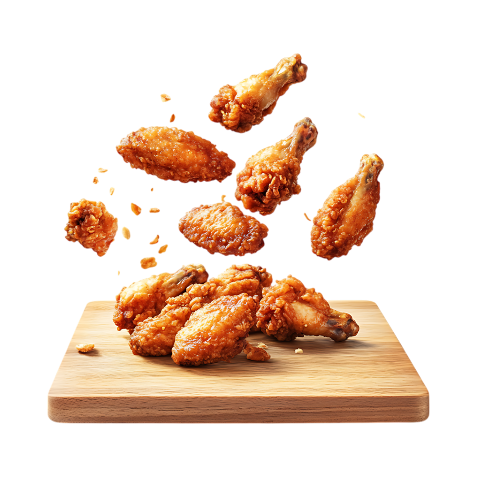 Delicious Crispy Chicken Wings on Wooden Board against transparent background png