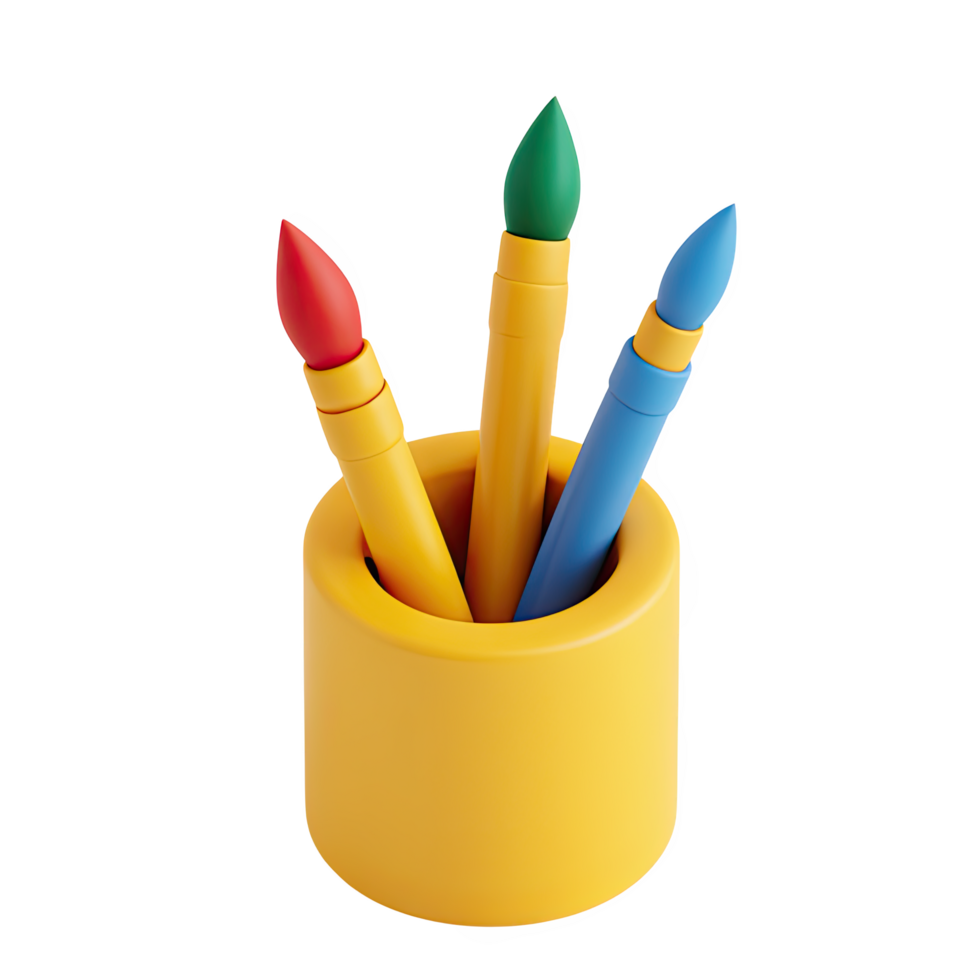 Three colorful paintbrushes in a yellow holder isolated on transparent background png