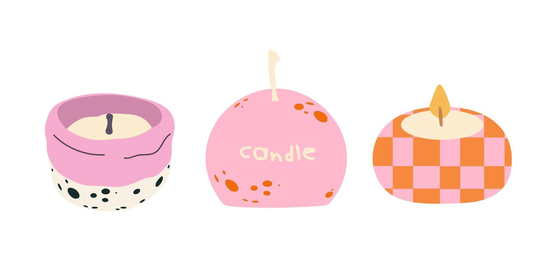 Pink wax candles in cartoon groovy style. Relaxation and aromatherapy design element vector