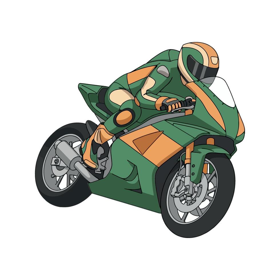 Dynamic Green and Orange Racing Motorcycle Rider in Full Gear Action Shot vector