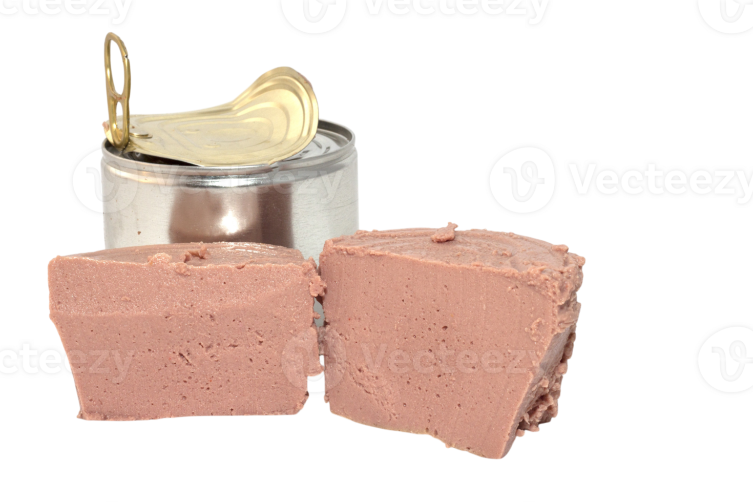 Liver pate slices with opened tin can on transparent background png
