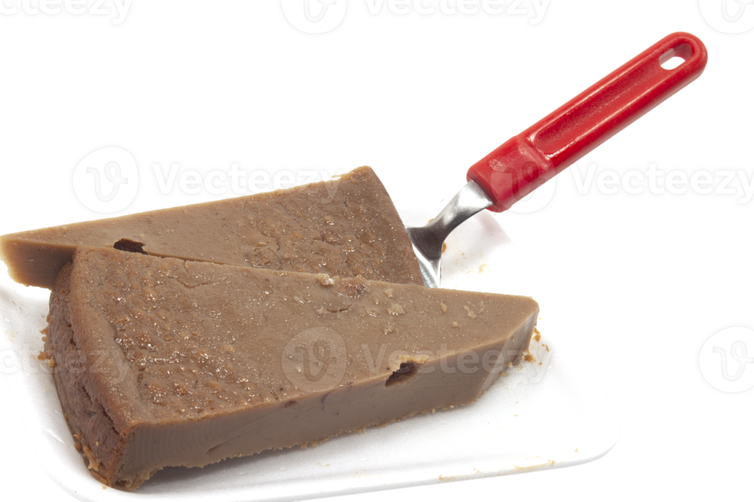 Chestnut cake slices being served on white plate with serving utensil, transparent background png