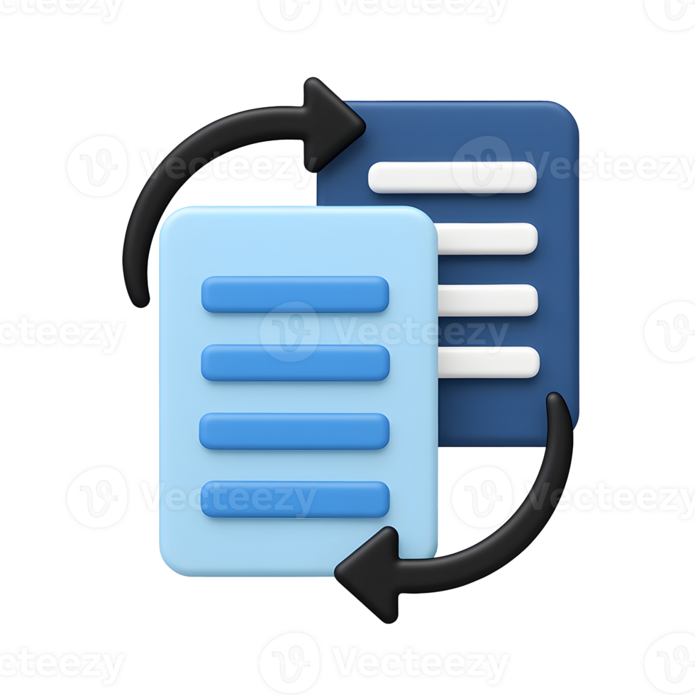 3D cartoon illustration of data synchronization with two documents and circular arrows isolated on transparent background png