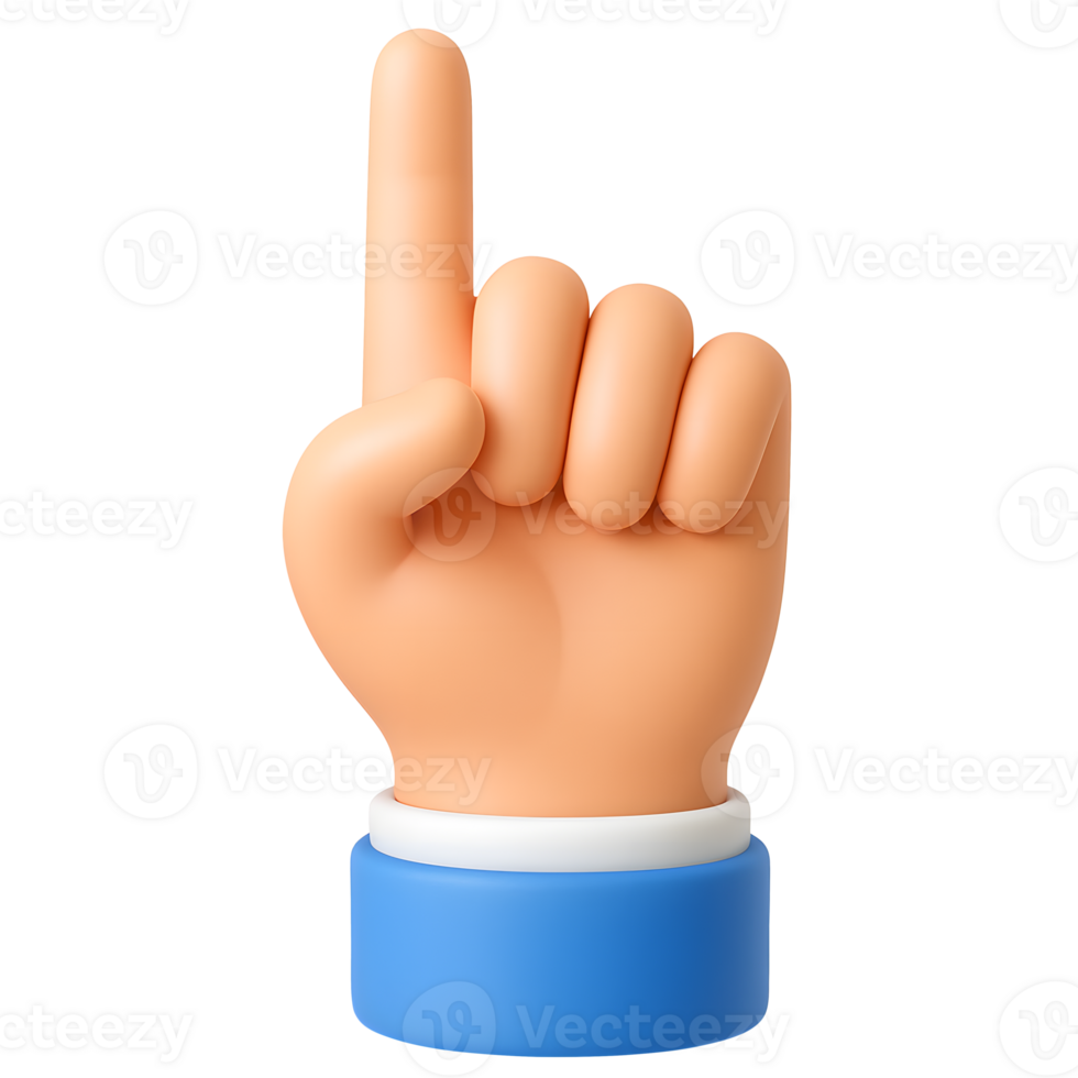 3D cartoon hand showing index finger pointing upward isolated on transparent background png