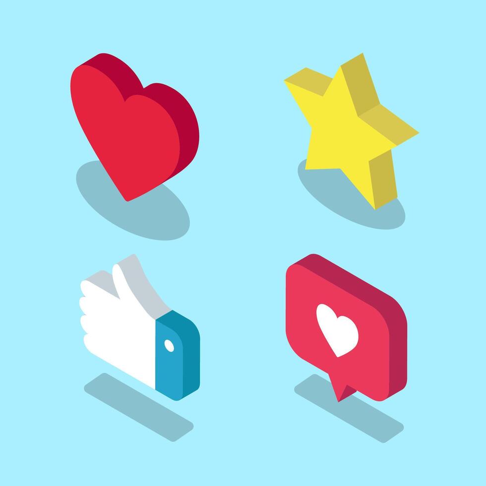 Set of isometric Like icons. Heart, star and thumbs up illustration. Review, notification or sympathy 3D symbols vector