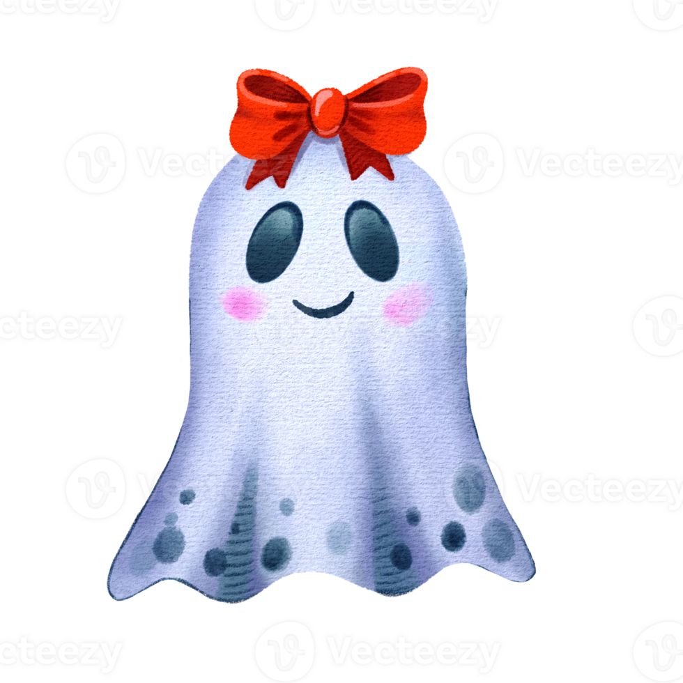 A cute ghost drawn in watercolor. It has a friendly expression and a red bow. This hand-drawn illustration is perfect for Halloween decoration. png