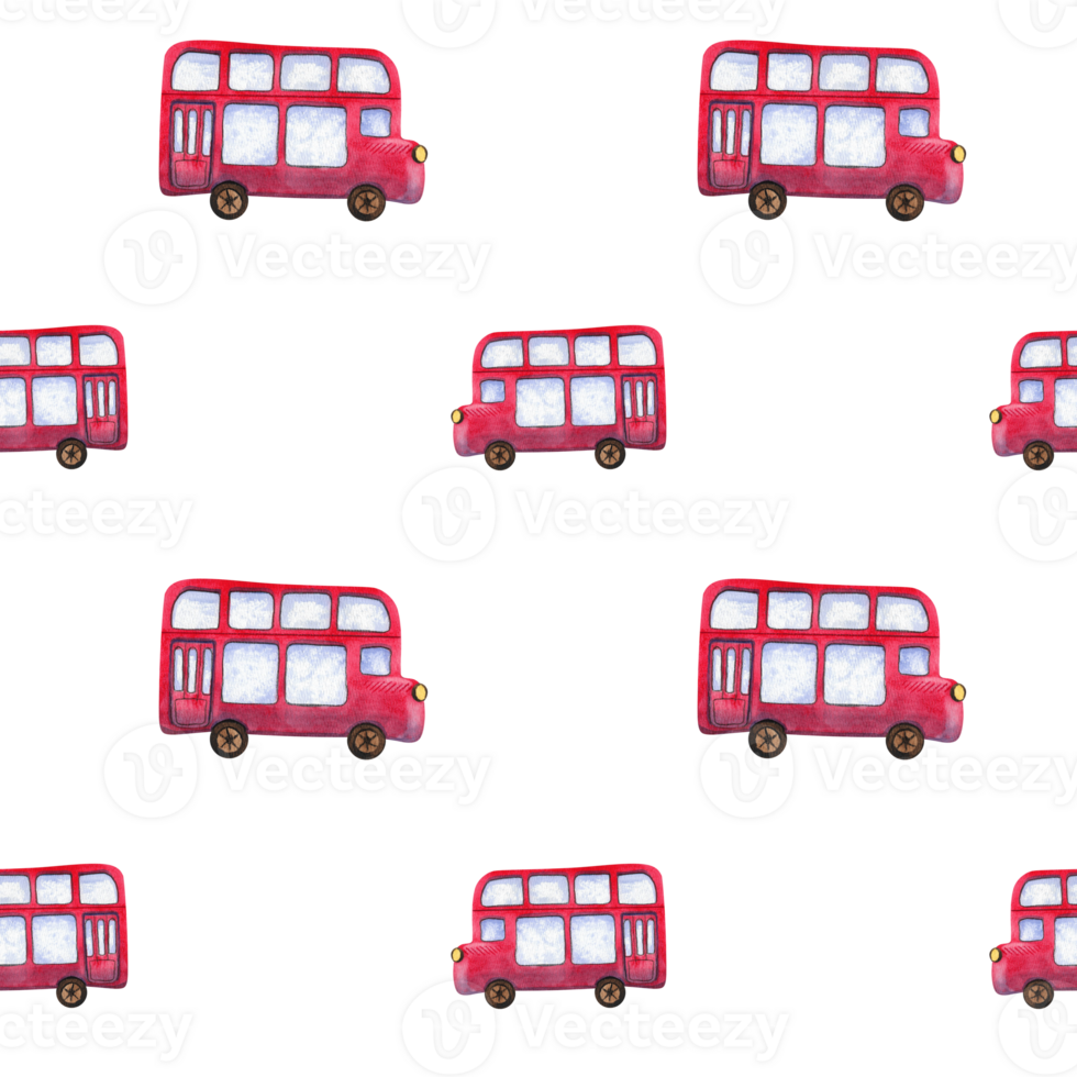 Seamless pattern. Festive collection of hand-drawn watercolor elements with British red double-decker bus. png