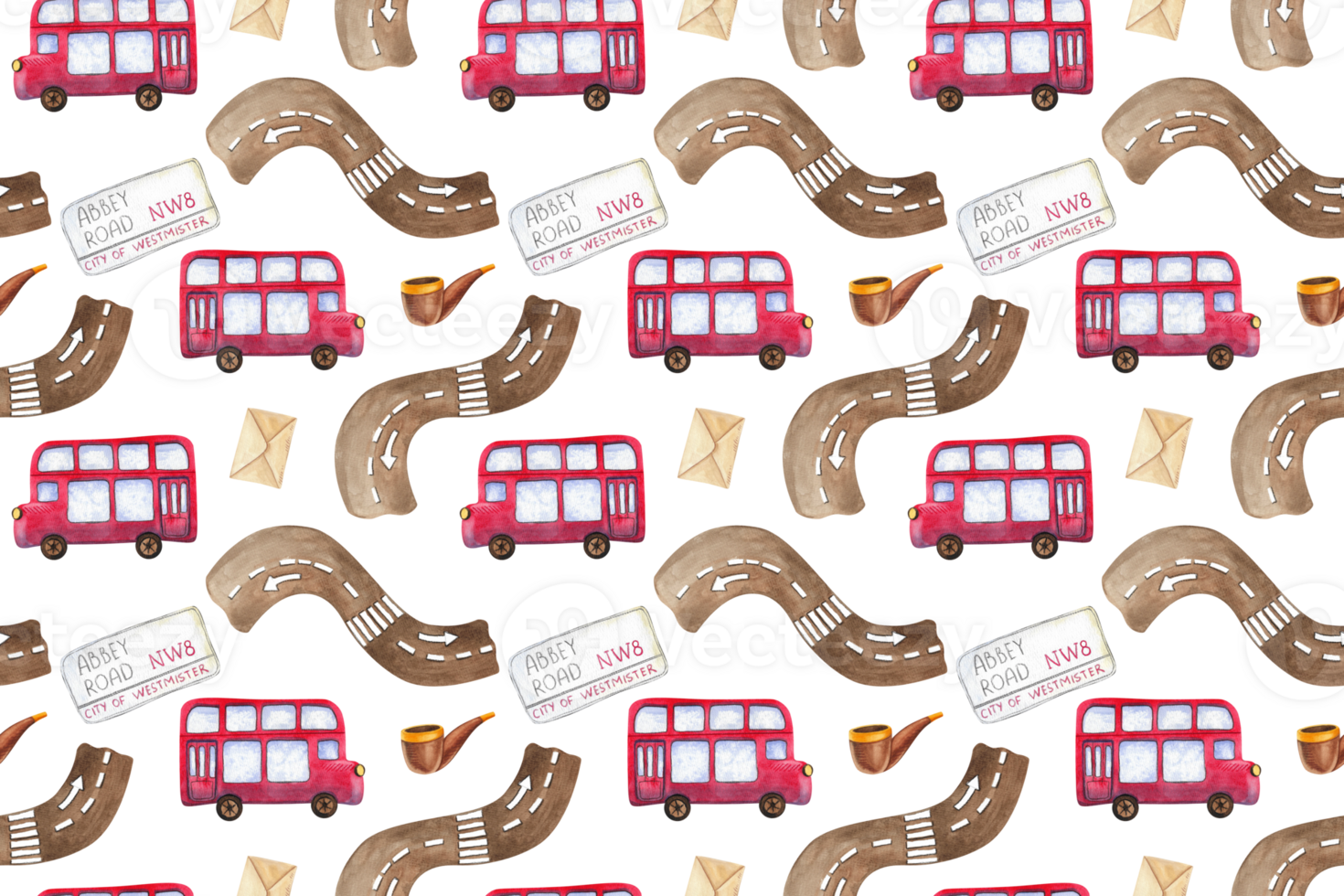 Seamless pattern. Festive collection of hand-painted watercolor elements with British symbols. Abbey Road road sign, double-decker bus, road surface, letter and pipe png