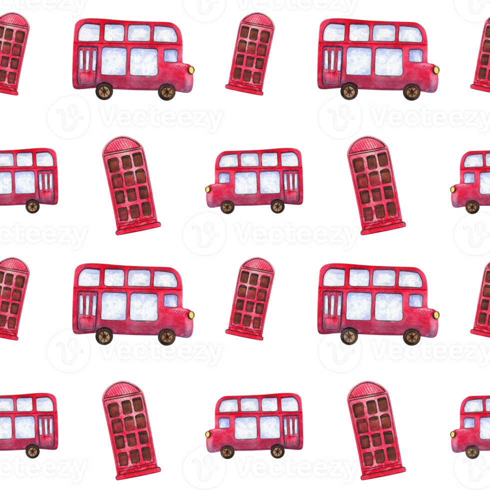 Seamless pattern. Festive collection of hand-painted watercolor elements with British symbols. Double-decker bus, telephone box png