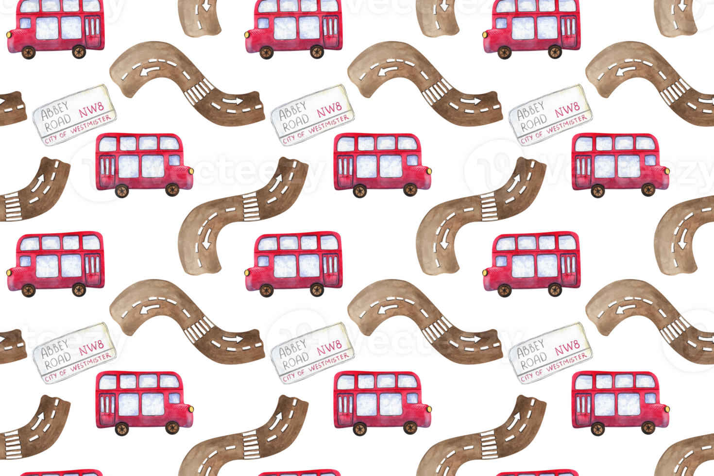 Seamless pattern. Festive collection of hand-painted watercolor elements with British symbols. Abbey Road road sign, double-decker bus, road surface png