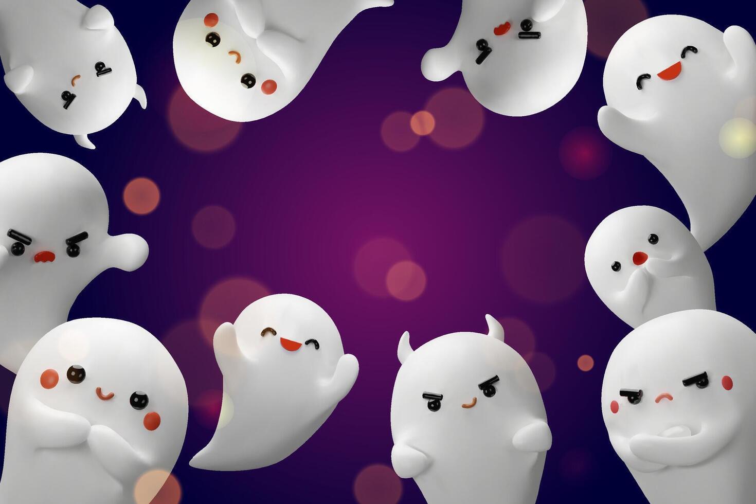 A playful 3D Halloween poster featuring a group of adorable ghosts frame. Each ghost has a unique personality. Halloween parties, kids events, social media graphics, or seasonal merchandise. vector