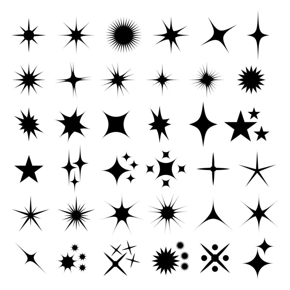 Shine Icons Set. Star Symbols. Twinkling Stars. Symbols of Sparkle, Glimmer and Glow. Set of star icons features an array of twinkling stars, radiant bursts and sparkling symbols. vector