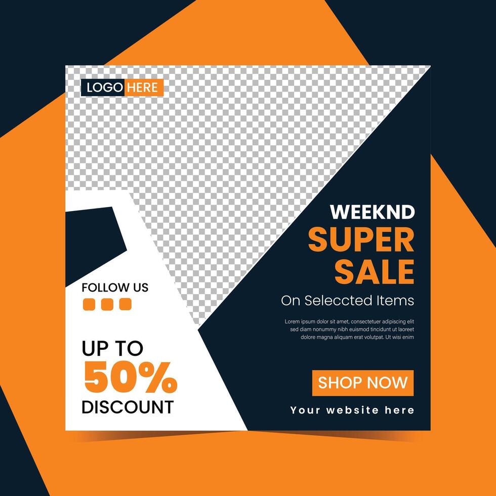 editable super sale social media post template with discount offer and shop button vector