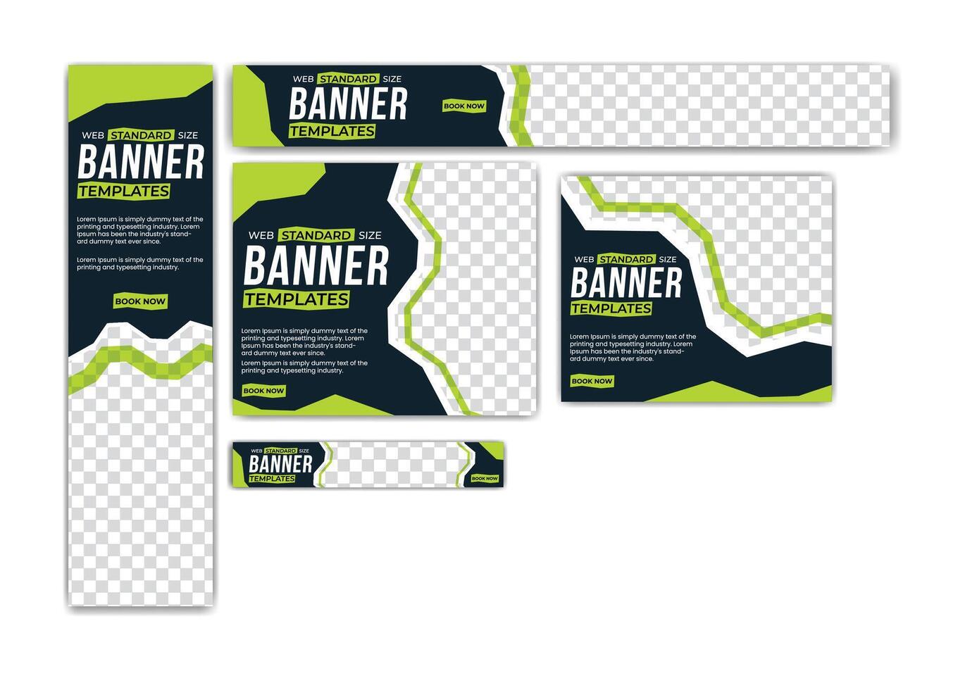 web banner template set in standard horizontal, vertical, and square formats featuring photo placeholders. ideal for websites, digital ads, marketing campaigns, and promotional graphics. vector