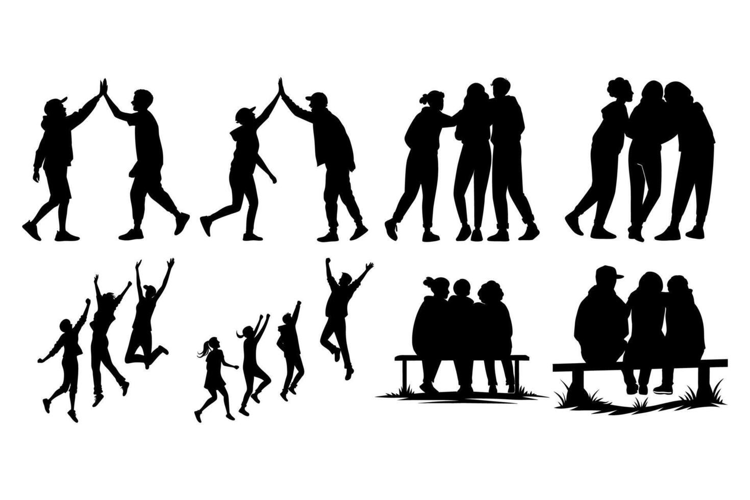 Group of Friends Having Fun Silhouette Collection High Five, Jumping, and Sitting Moments vector