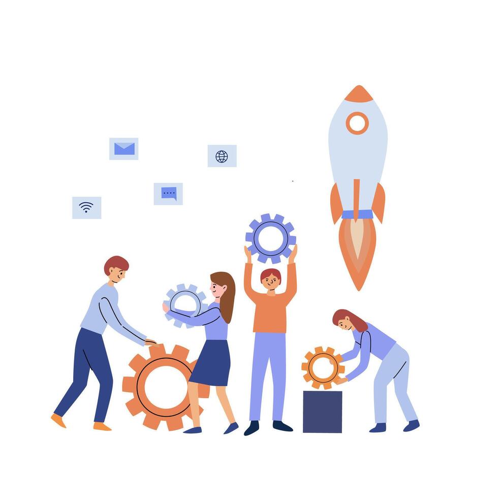 Business team preparing startup launch, assembling gears vector
