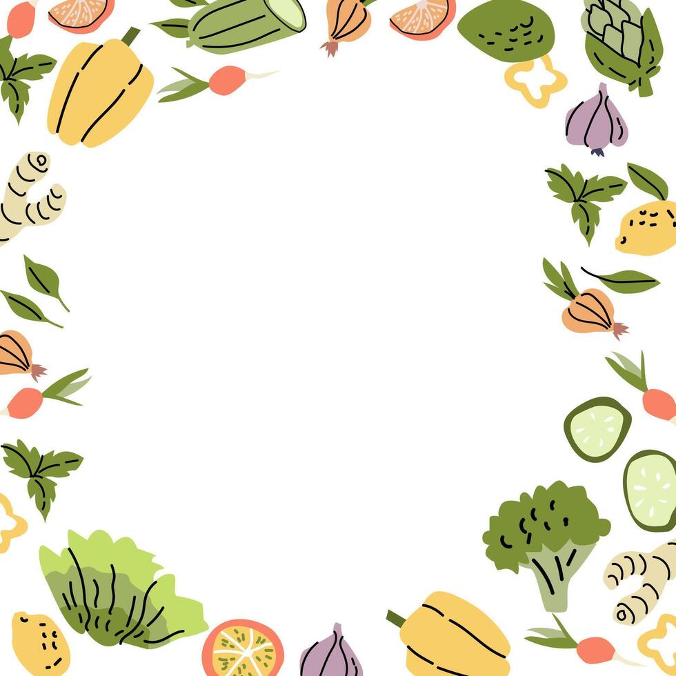Colorful vegetable food border with artichokes, squash, and broccoli on white background vector