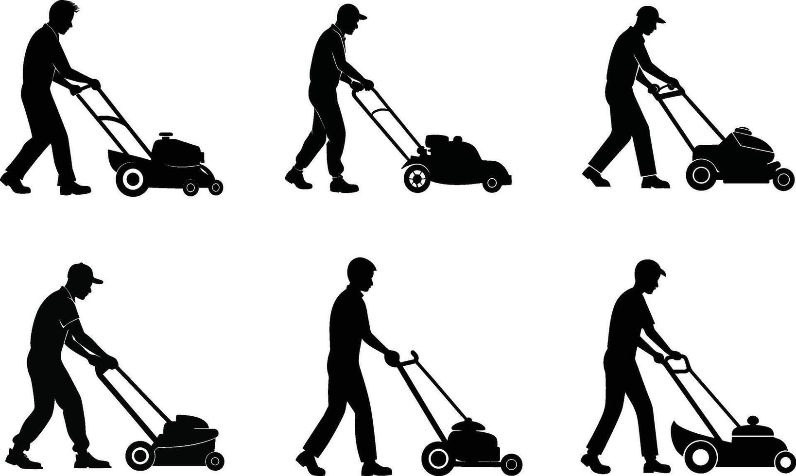 Silhouettes of a man mowing the lawn vector