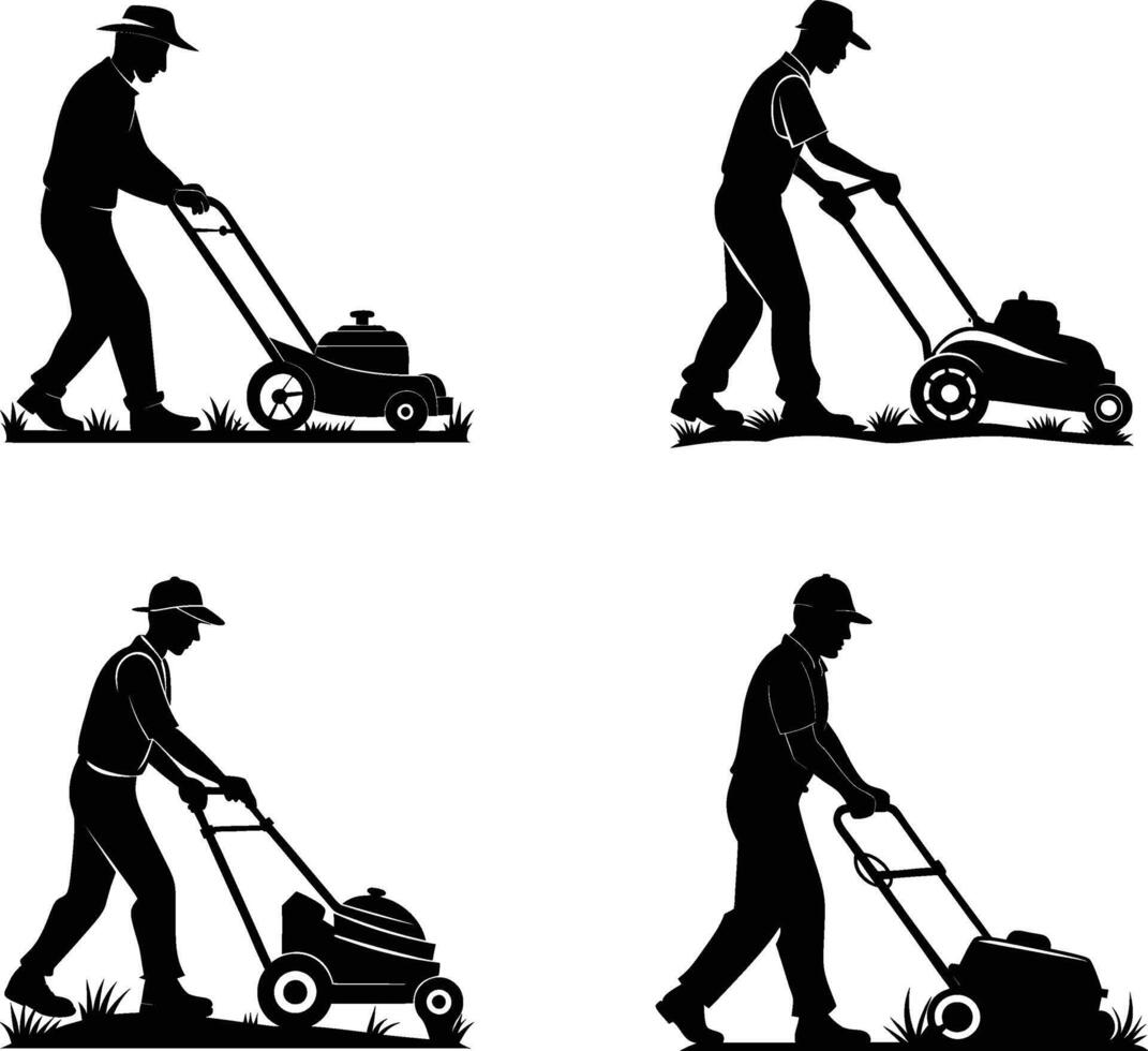Four silhouettes of a man mowing the lawn vector