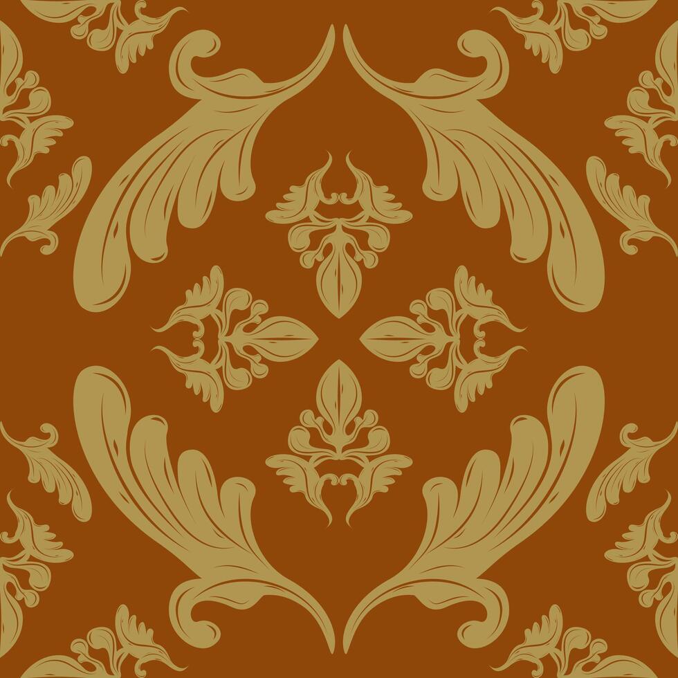 Opulent damask pattern in a symmetrical layout, featuring leaf and crown-like elements in soft ochre tones over a reddish brown base. Suitable for high-end fabrics, luxury seamless Jacquard, wallpaper vector
