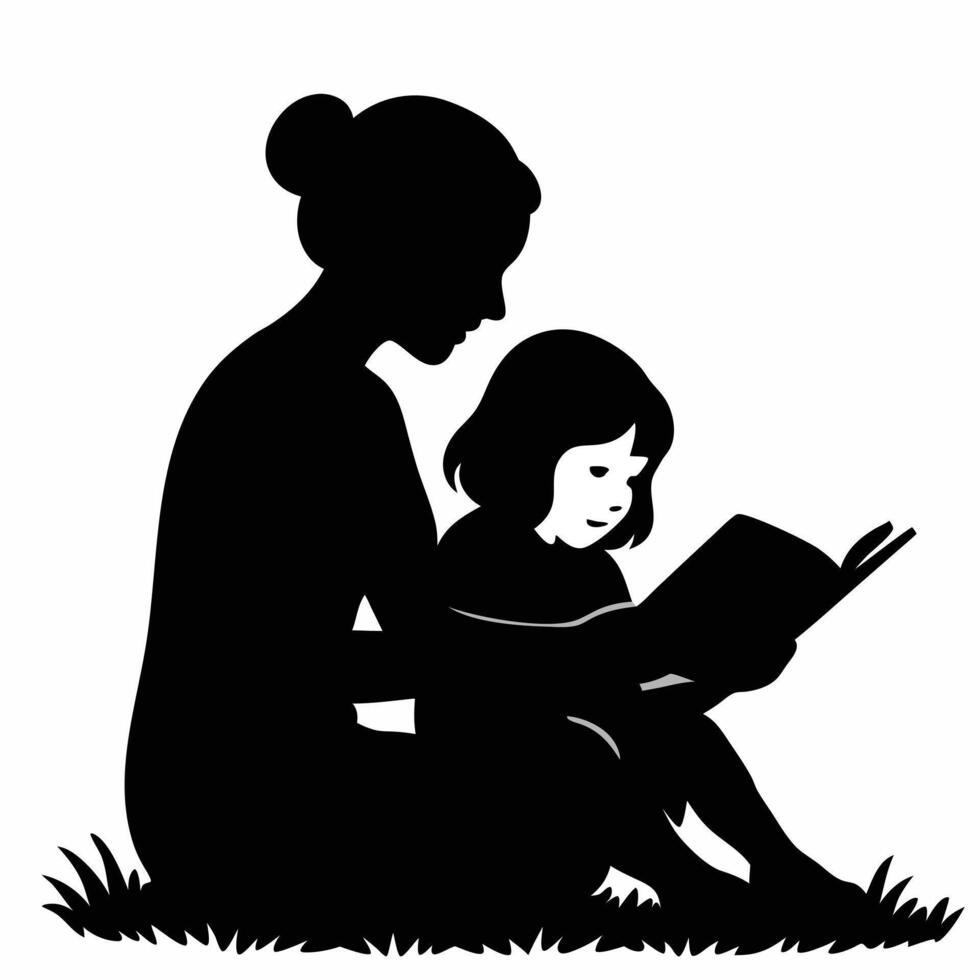 Mother and Daughter Reading Silhouette Perfect for Family Love, Childhood Memories, and Storytime Art vector
