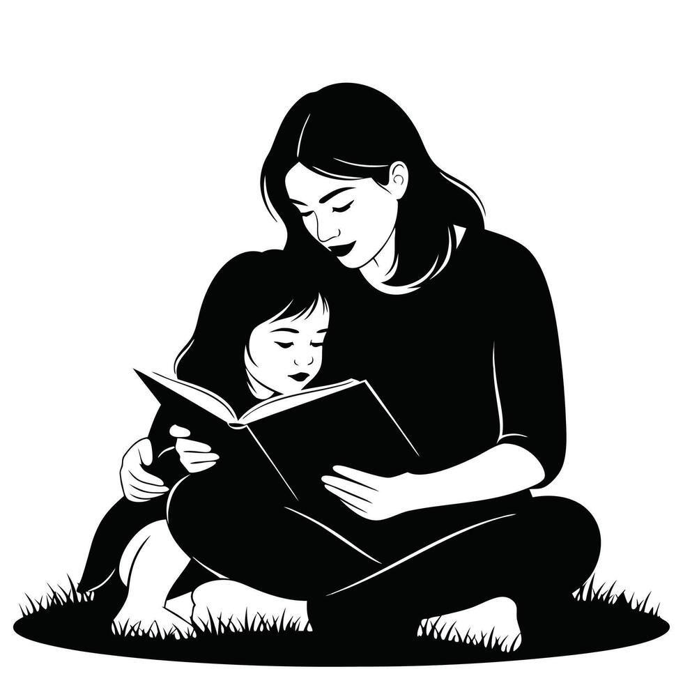 Mom and Child Sitting on Grass Reading Together Black and White for Learning and Bonding Themes vector