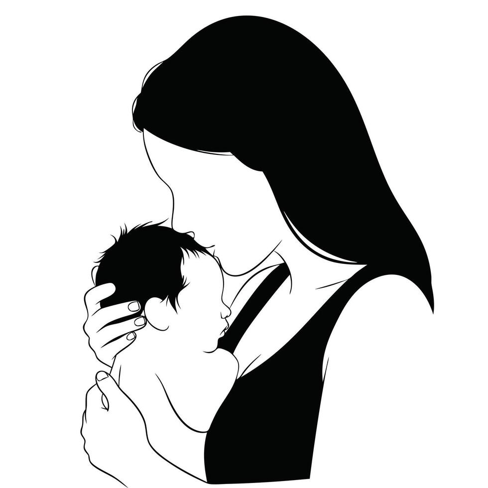 Mother Holding Newborn Baby Silhouette Illustration for Maternal Love and Family Bonding Concepts vector