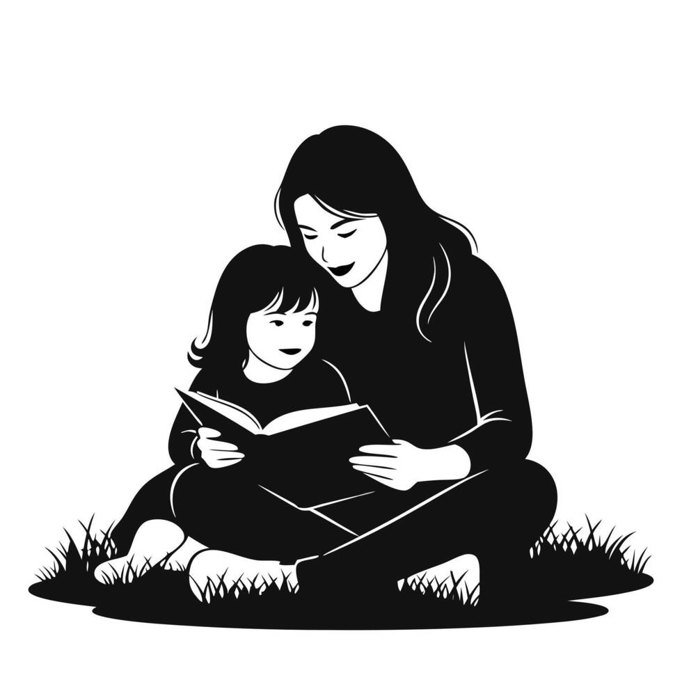 Mom and Child Sitting on Grass Reading Together for Learning and Bonding Themes vector