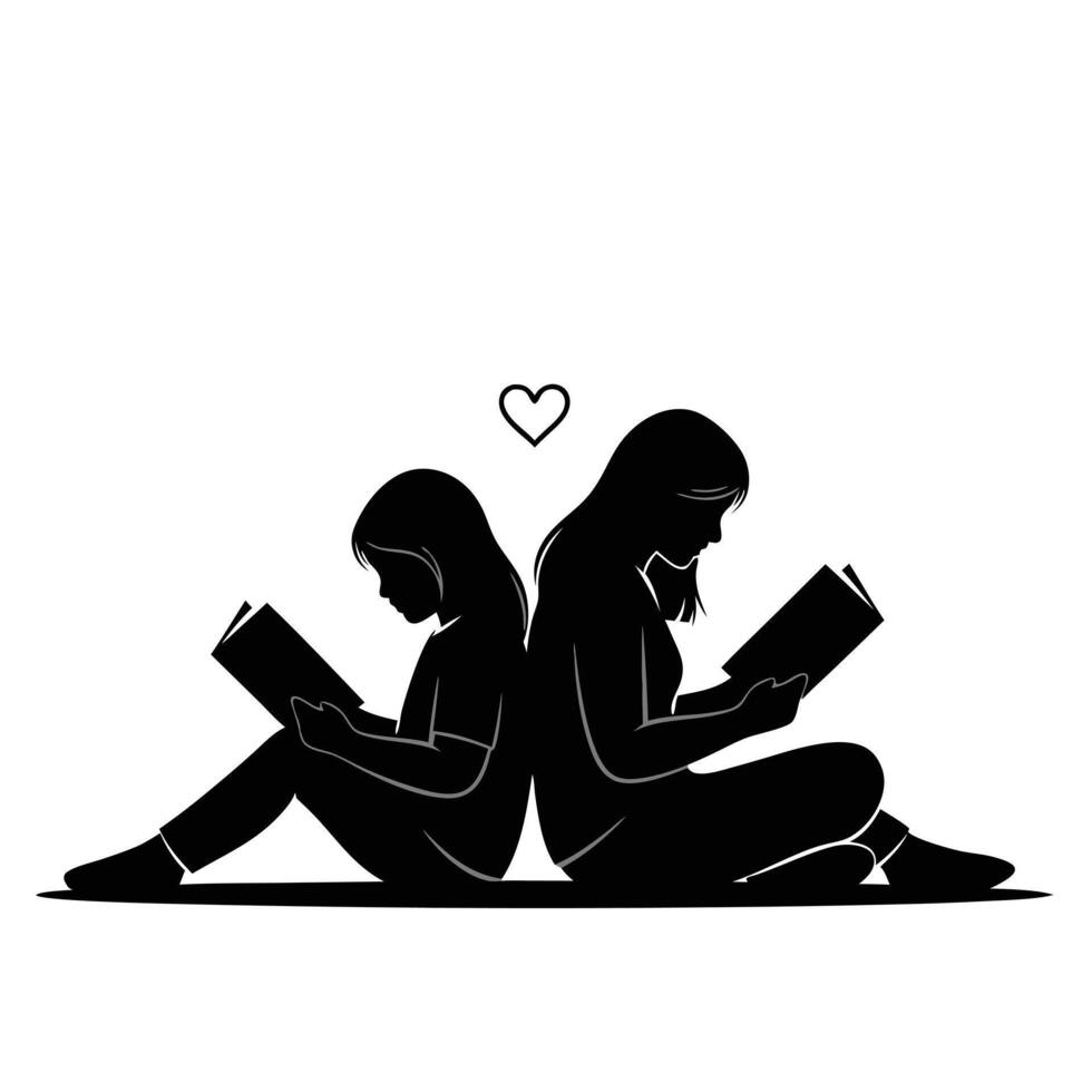 Silhouette of Mother and Daughter Reading Books Back to Back for Family Bonding and Education Illustration vector