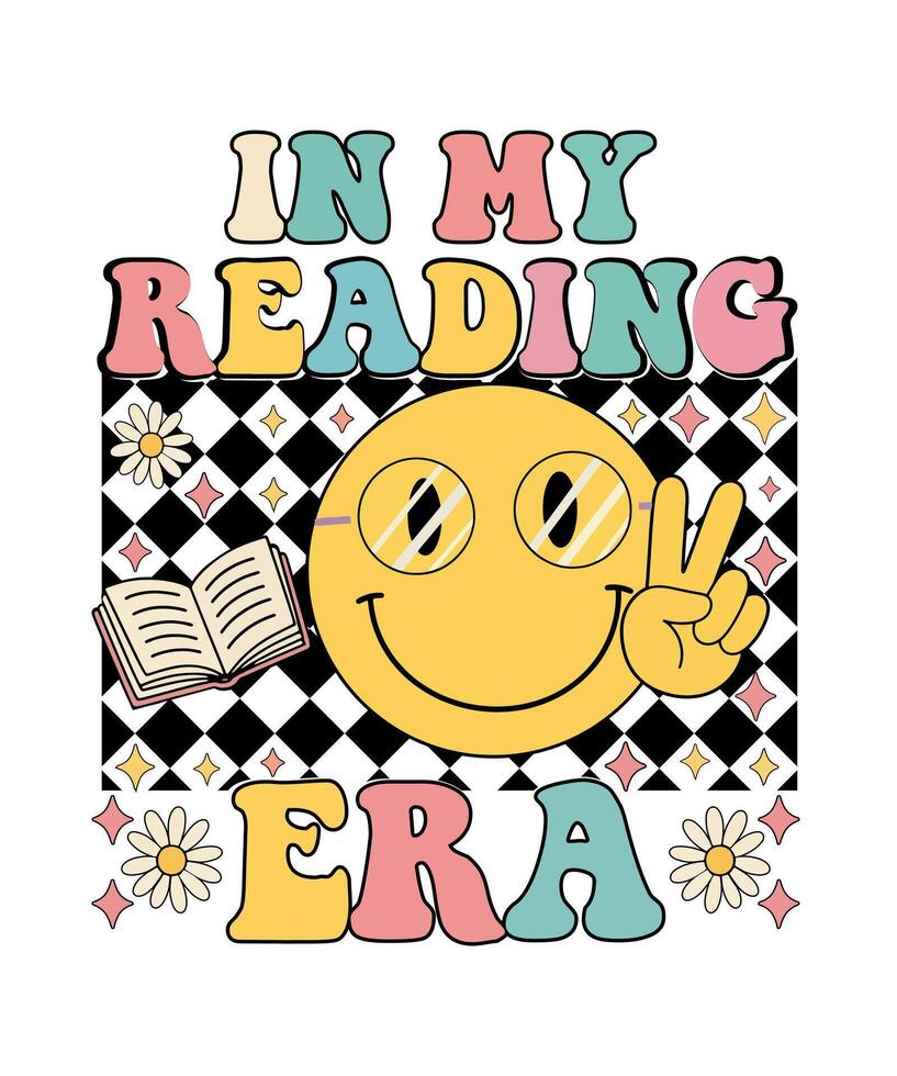 In My Reading Era Retro T-shirt Design with Groovy Smiley Face and Peace Sign on a Checkerboard vector