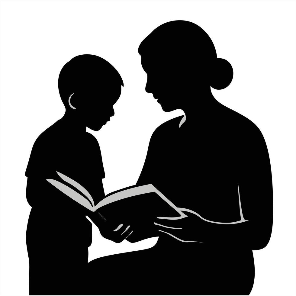 Mother and Son Reading Silhouette Perfect for Family Relationship, Teaching, and Storytime Art vector