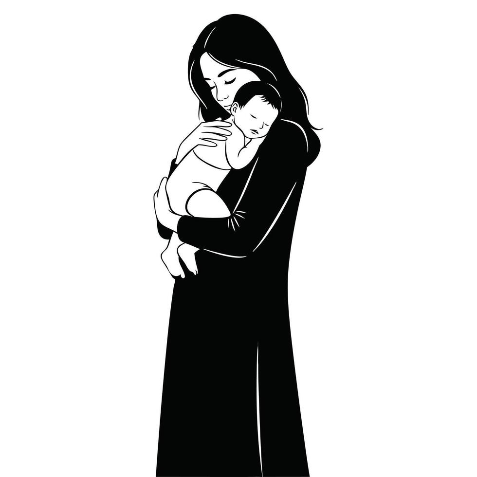 Mother Gently Holding Sleeping Baby Silhouette Illustration for Maternal Love and Family Bonding Concepts vector