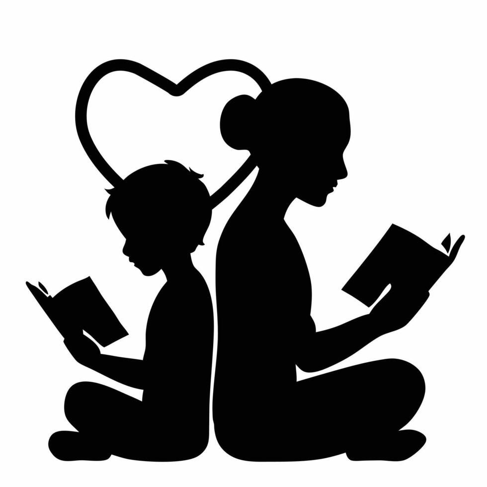 Mother and Son Reading Silhouette with Heart Perfect for Family Bonding, Childhood Memories, and Storytime Art vector