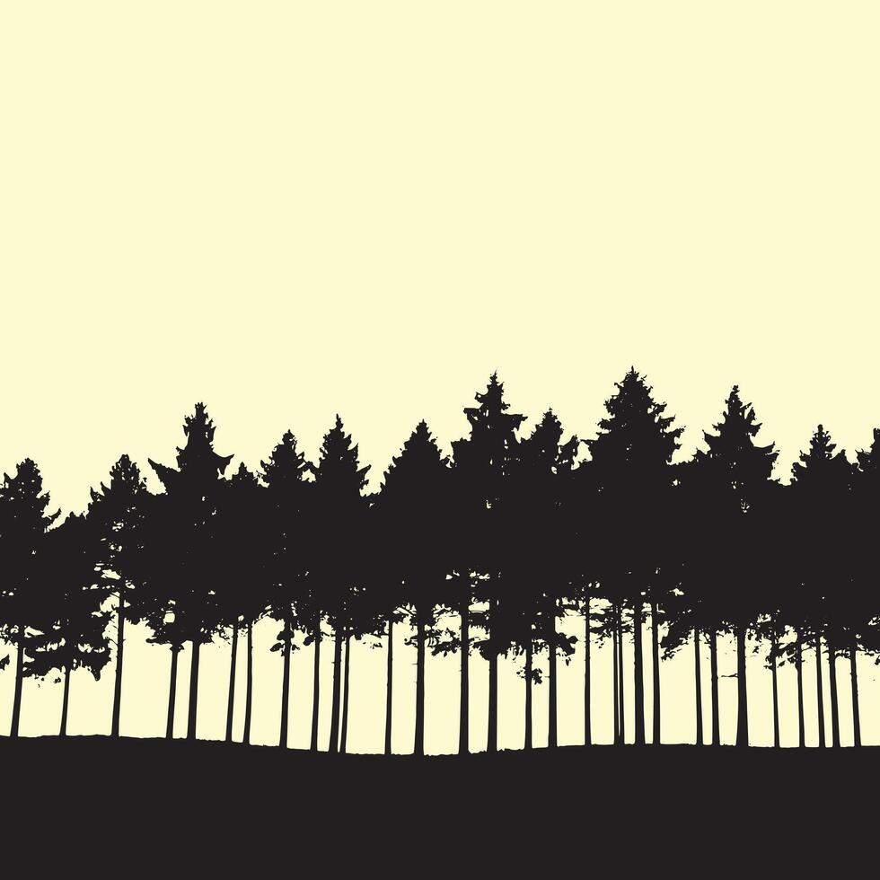 Long Trees Forest Silhouette, A stark silhouette of a dense pine forest with tall trees, Trees Forest bottom Frame Illustration. vector