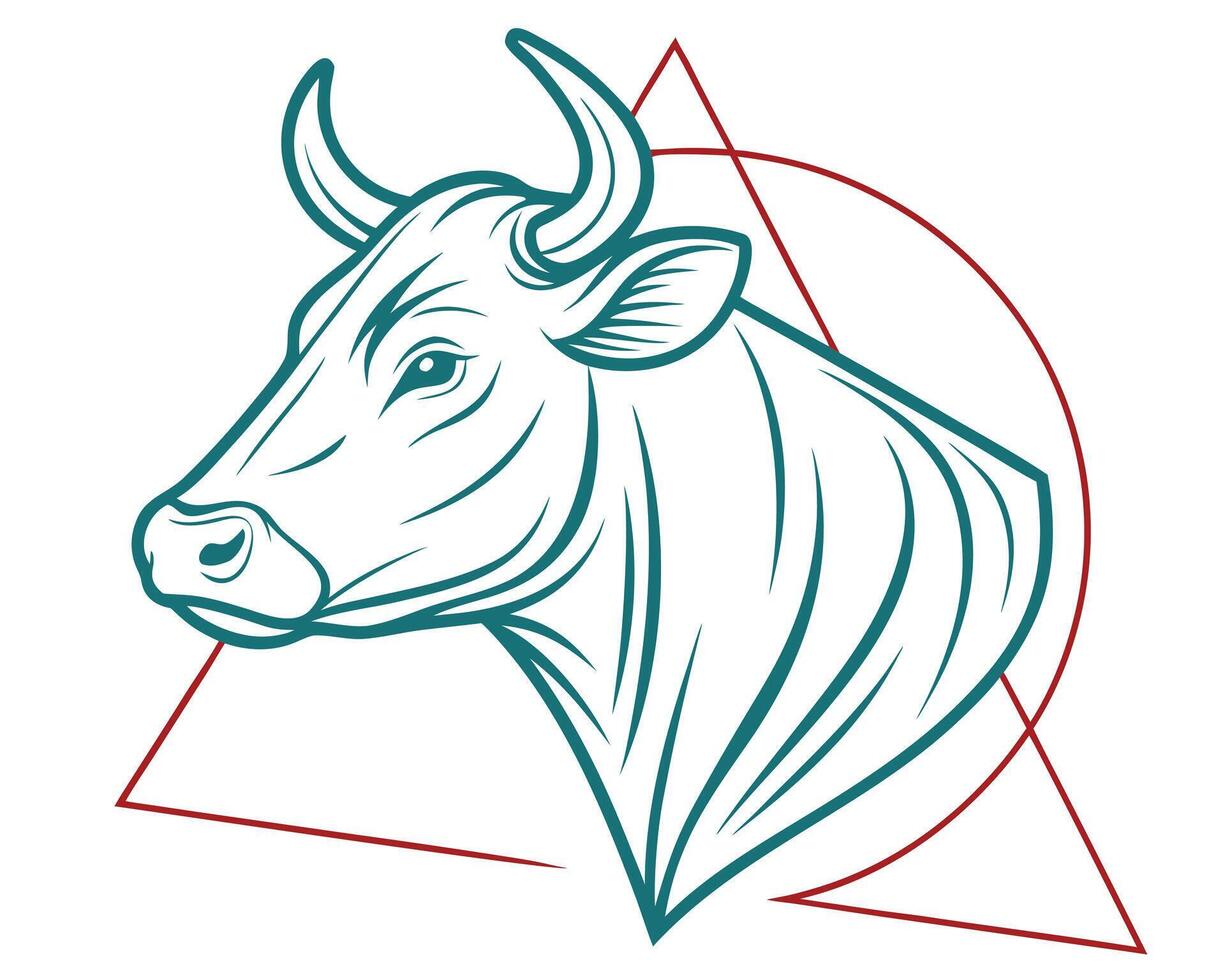 illustration of a stylized bull head with teal outline inside geometric shapes vector