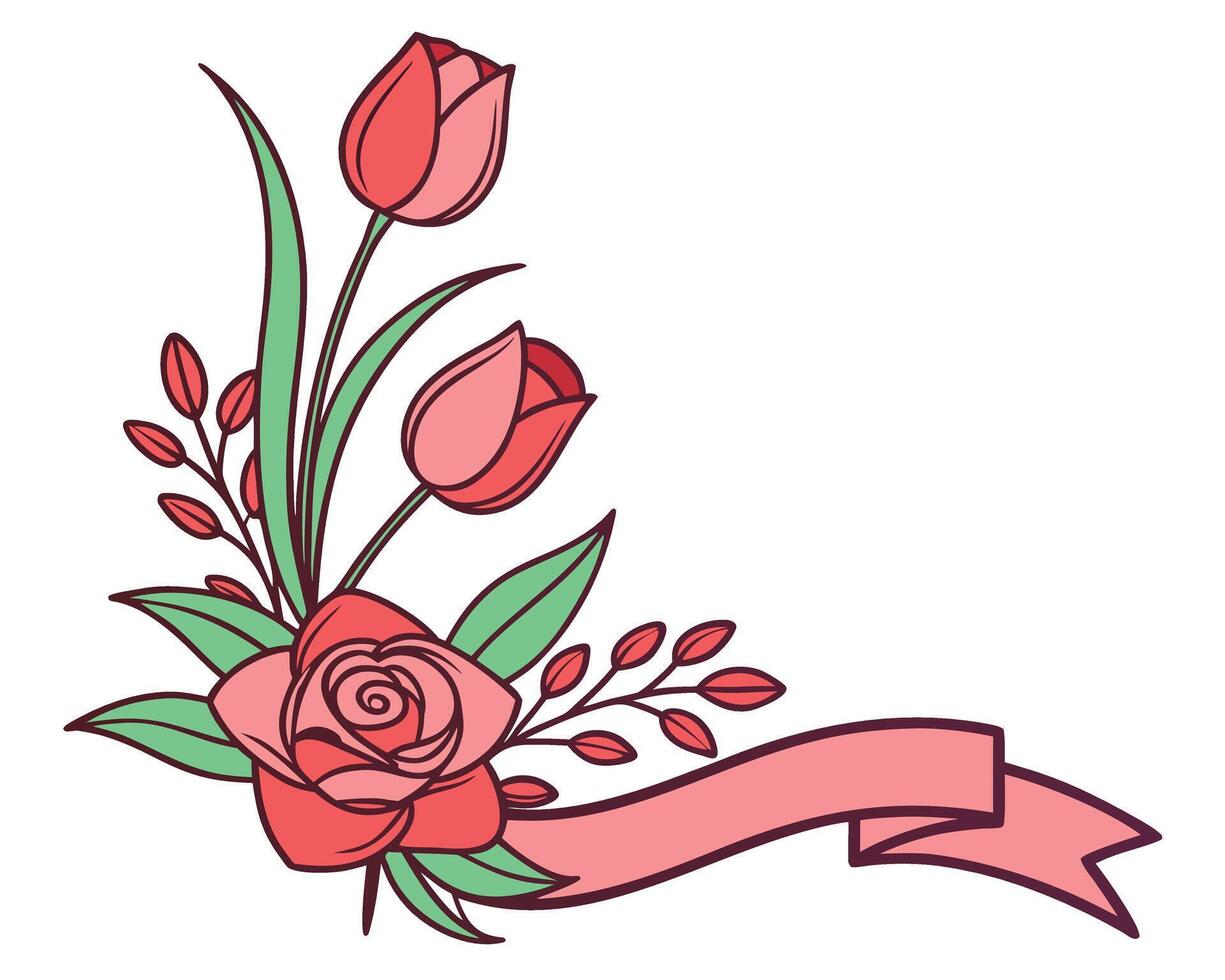 Elegant floral corner design with roses tulips and banner elements in flat style. vector