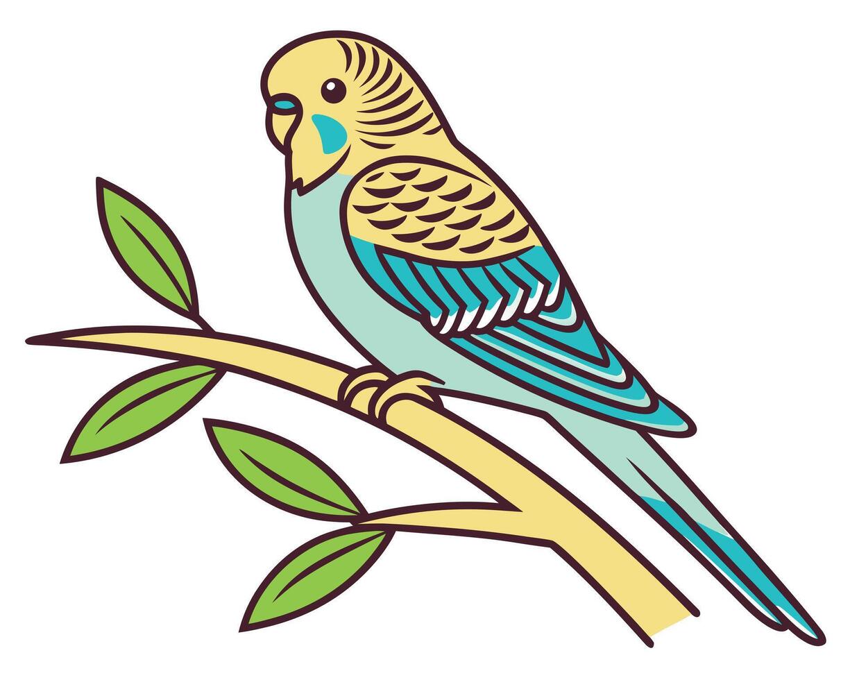 Colorful illustration of a budgerigar perched on a branch with leaves against a white background vector
